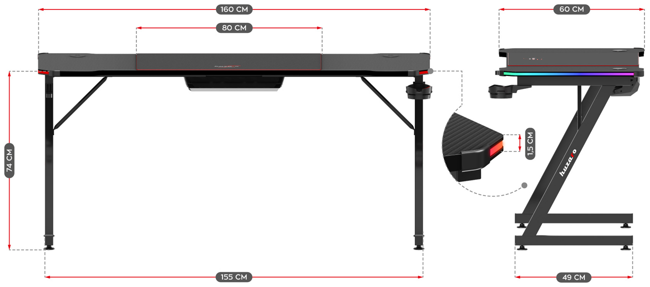 Grafika prezentująca wymiary biurka gamingowego Huzaro Hero 4.8 RGB