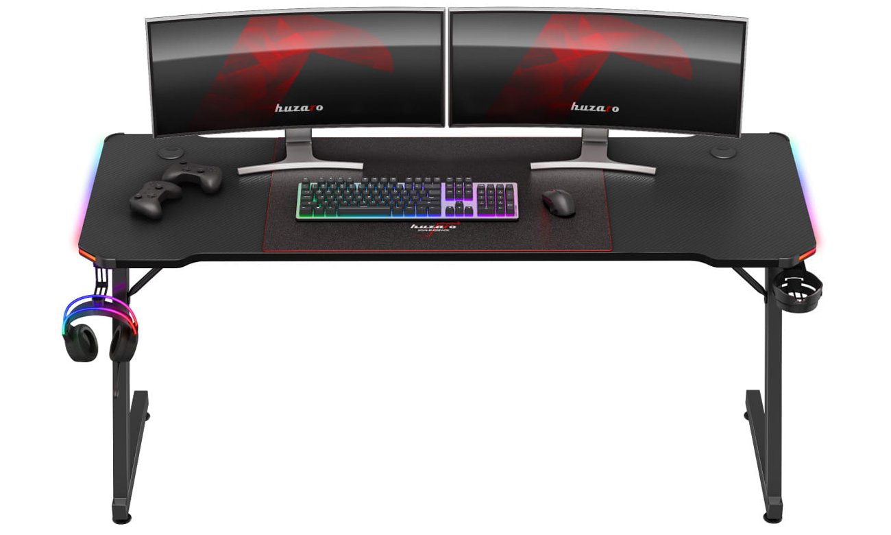 Biurko gamingowe Huzaro Hero 4.8 RGB - Widok od przodu wraz ze sprzętem komputerowym