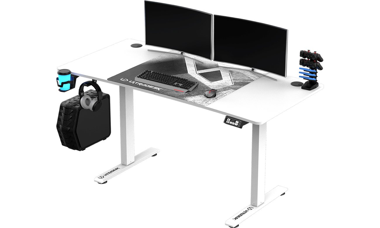 Biurko gamingowe Ultradesk Level V2 Białe - Widok od przodu pod kątem, użytkowanie