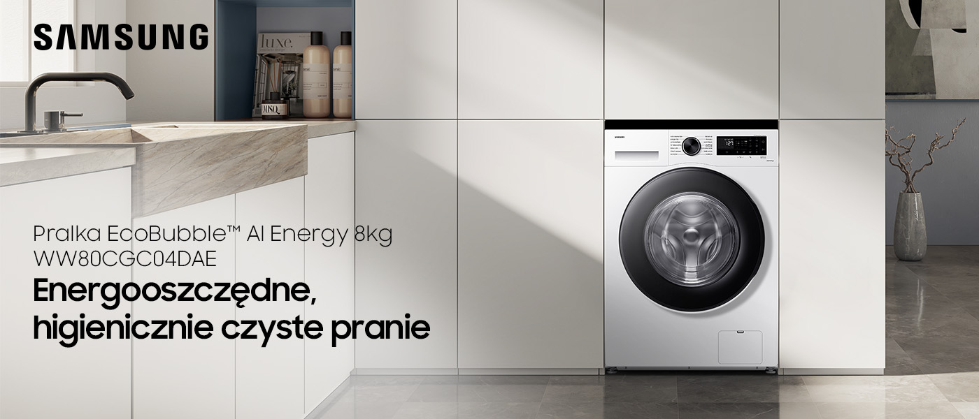 Biała pralka EcoBubble AI Energy WW80CGC04DAE marki Samsung z Neonet wbudowana w szafki 