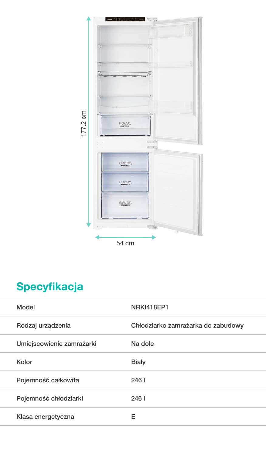 Biała chłodziarko-zamrażarka do zabudowy bez frontów z rozpisanymi wymiarami: 177,2 cm wysokości, 54 cm szerokości, 54 cm głębokości.