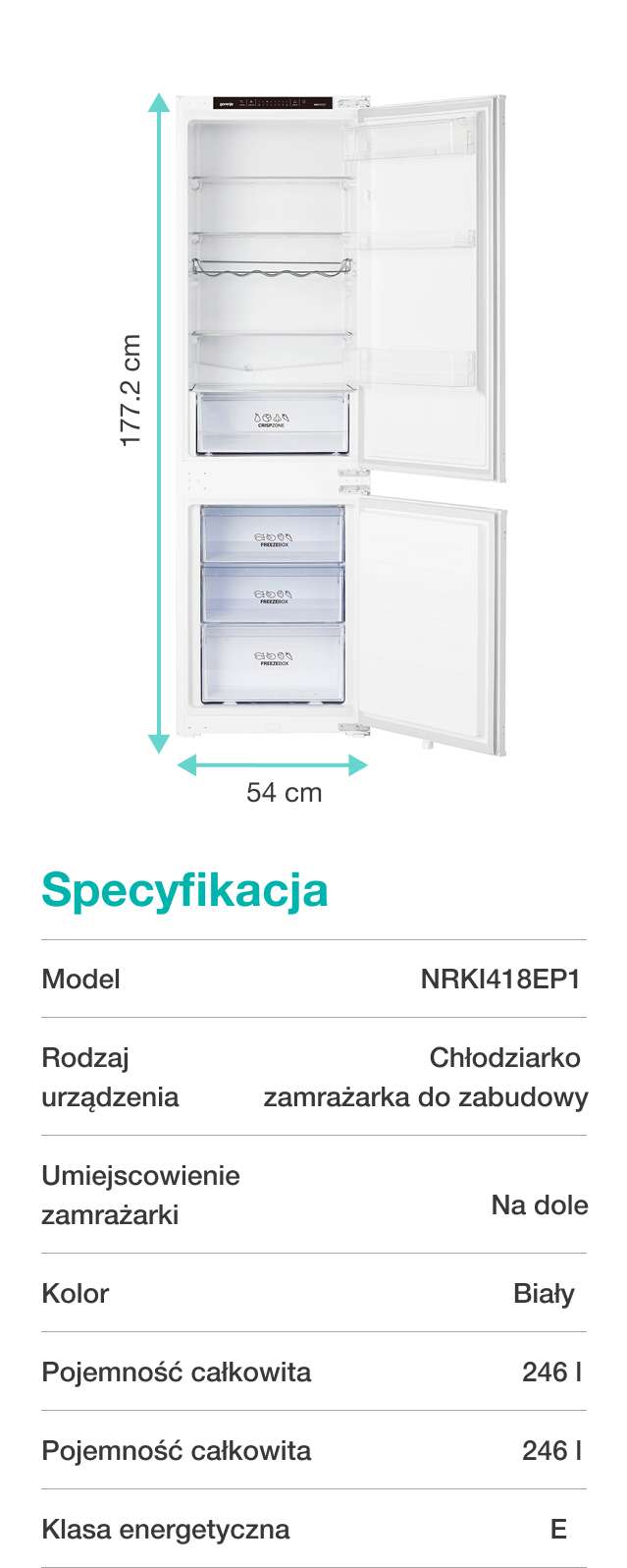 Biała chłodziarko-zamrażarka do zabudowy bez frontów z rozpisanymi wymiarami: 177,2 cm wysokości, 54 cm szerokości, 54 cm głębokości.