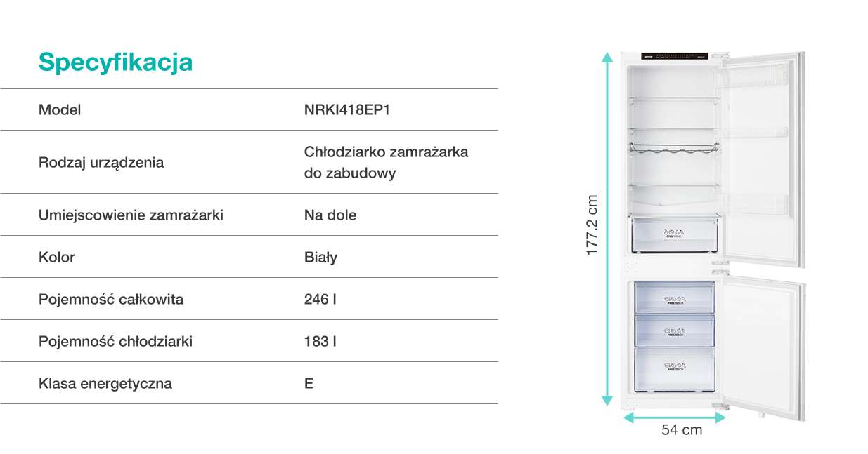 Biała chłodziarko-zamrażarka do zabudowy bez frontów z rozpisanymi wymiarami: 177,2 cm wysokości, 54 cm szerokości, 54 cm głębokości.
