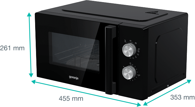 Kuchenka mikrofalowa Gorenje z widocznymi wymiarami: szerokość 455 mm, wysokość 261 mm i głębokość 353 mm.