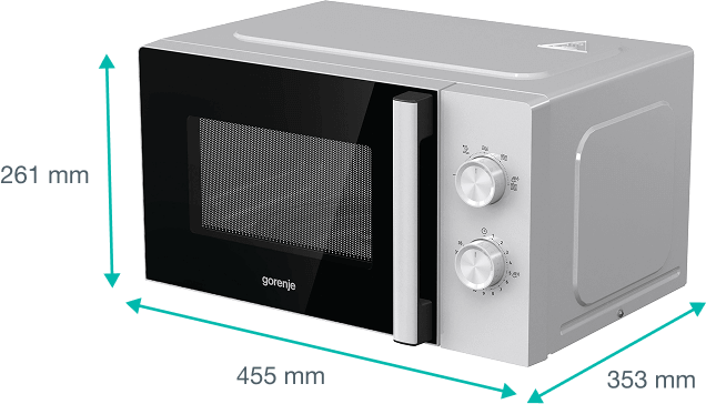 Kuchenka mikrofalowa Gorenje z widocznymi wymiarami: szerokość 455 mm, wysokość 261 mm i głębokość 353 mm.