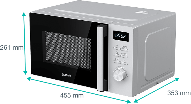 Kuchenka mikrofalowa Gorenje z widocznymi wymiarami: szerokość 455 mm, wysokość 261 mm i głębokość 353 mm.