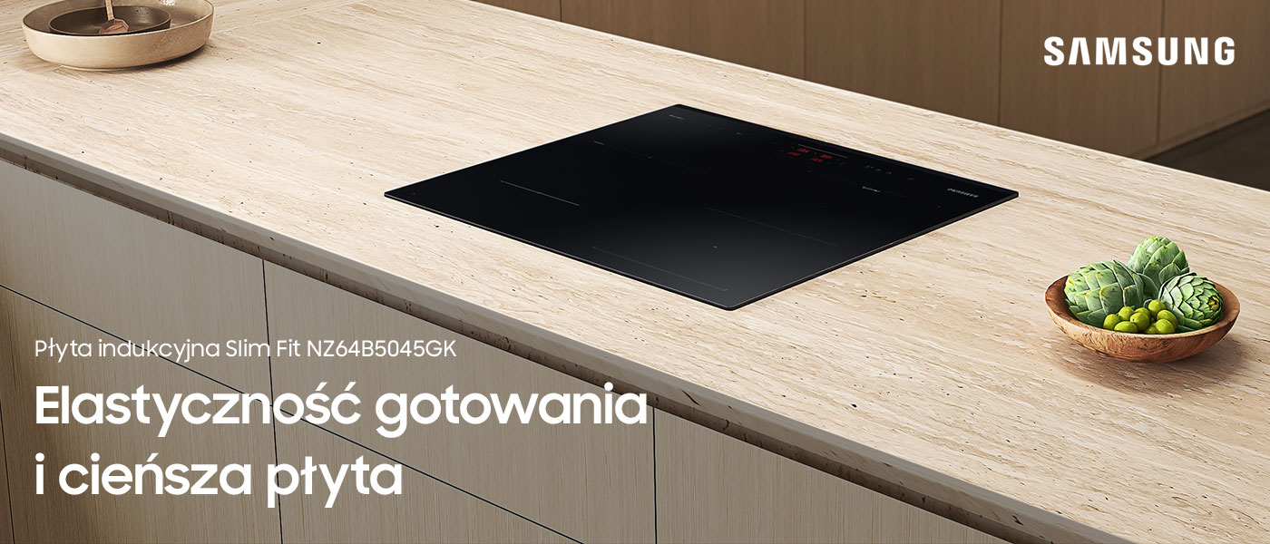 Zdjęcie płyty indukcyjnej Samsung Slim Fit NZ64B5045GK osadzonej w jasnym blacie kuchennym, którą kupisz w sklepach Neonet