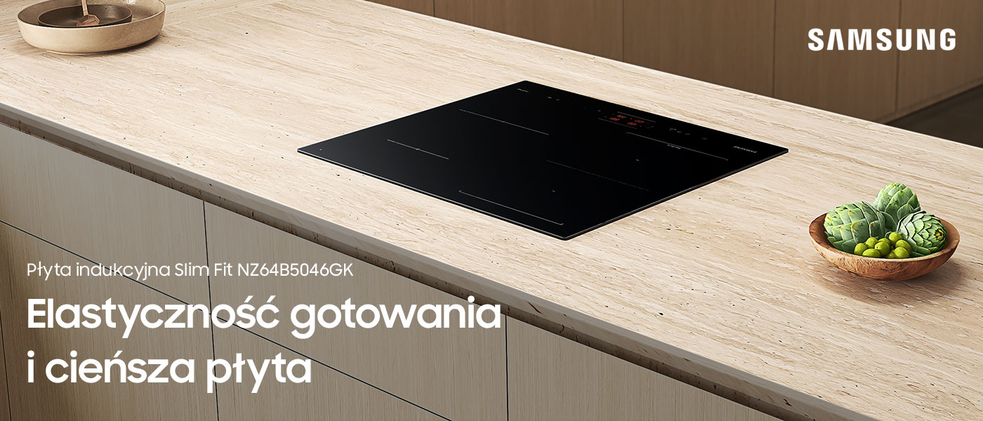 Płyta indukcyjna Samsung NZ64B5046GK ze ściętym frontem i szeroką strefą grzewczą Flex Zone dostępną w sklepach Neonet