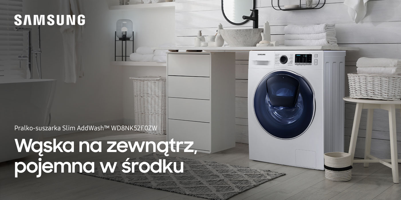 Wąska i pojemna pralka Samsung WD8NK52E0ZW dostępna w ofercie sieci Neonet