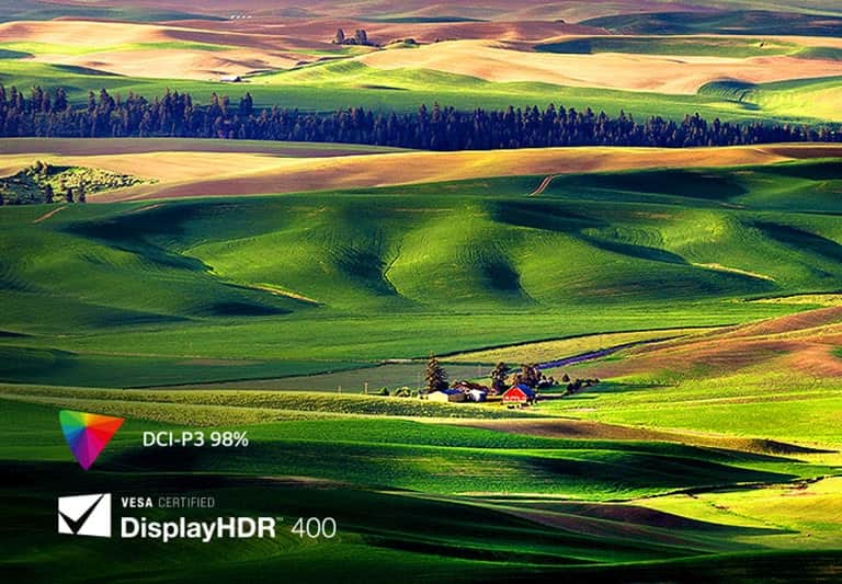 VESA DisplayHDR™ 400 umożliwia cieszenie się wyraźnymi i realistycznymi kolorami do 98% DCI-P3.
