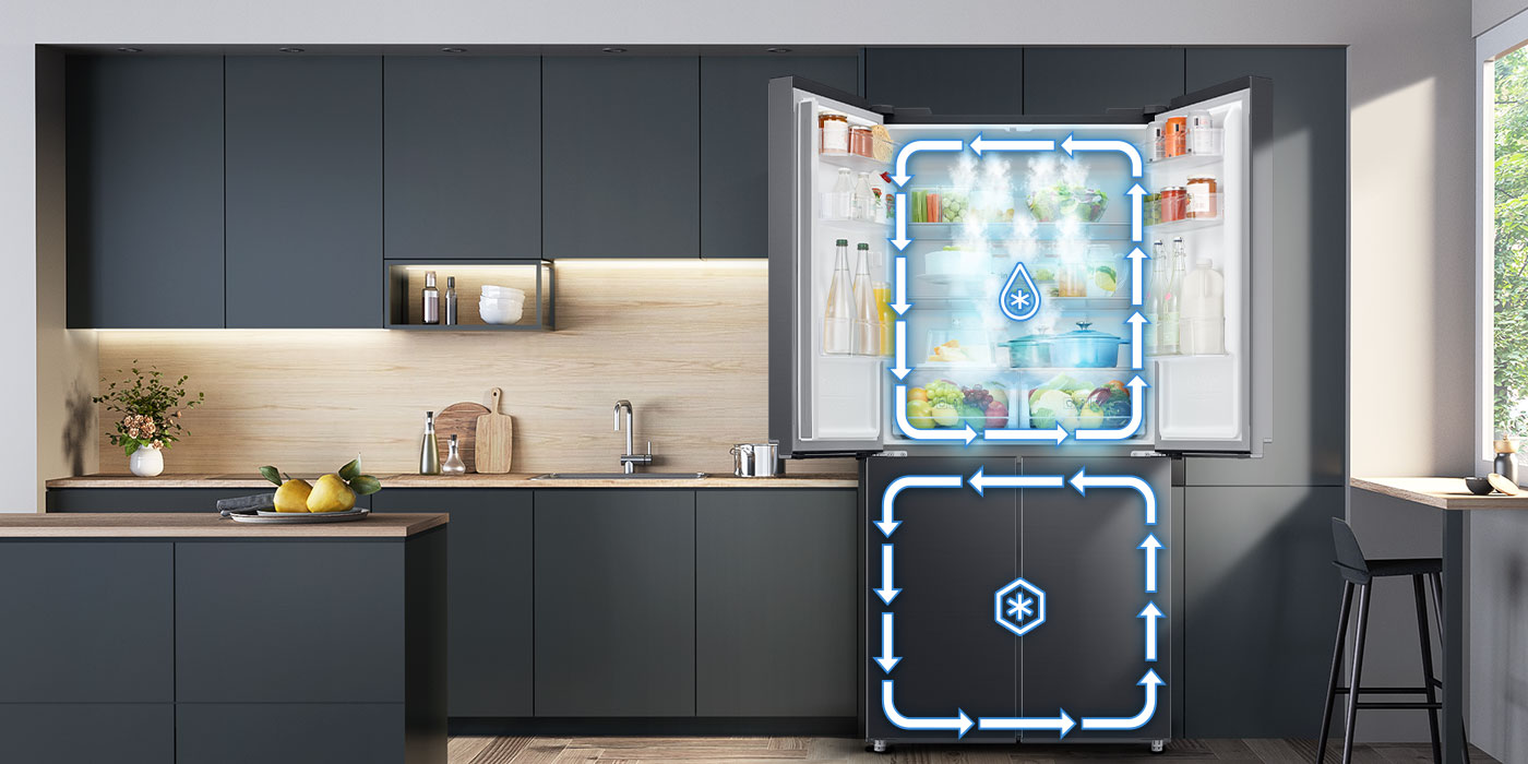 Widoczny na grafice podwójny system chłodzenia Twin Cooling Plus utrzymuje idealne warunki przechowywania w różnych częściach lodówki