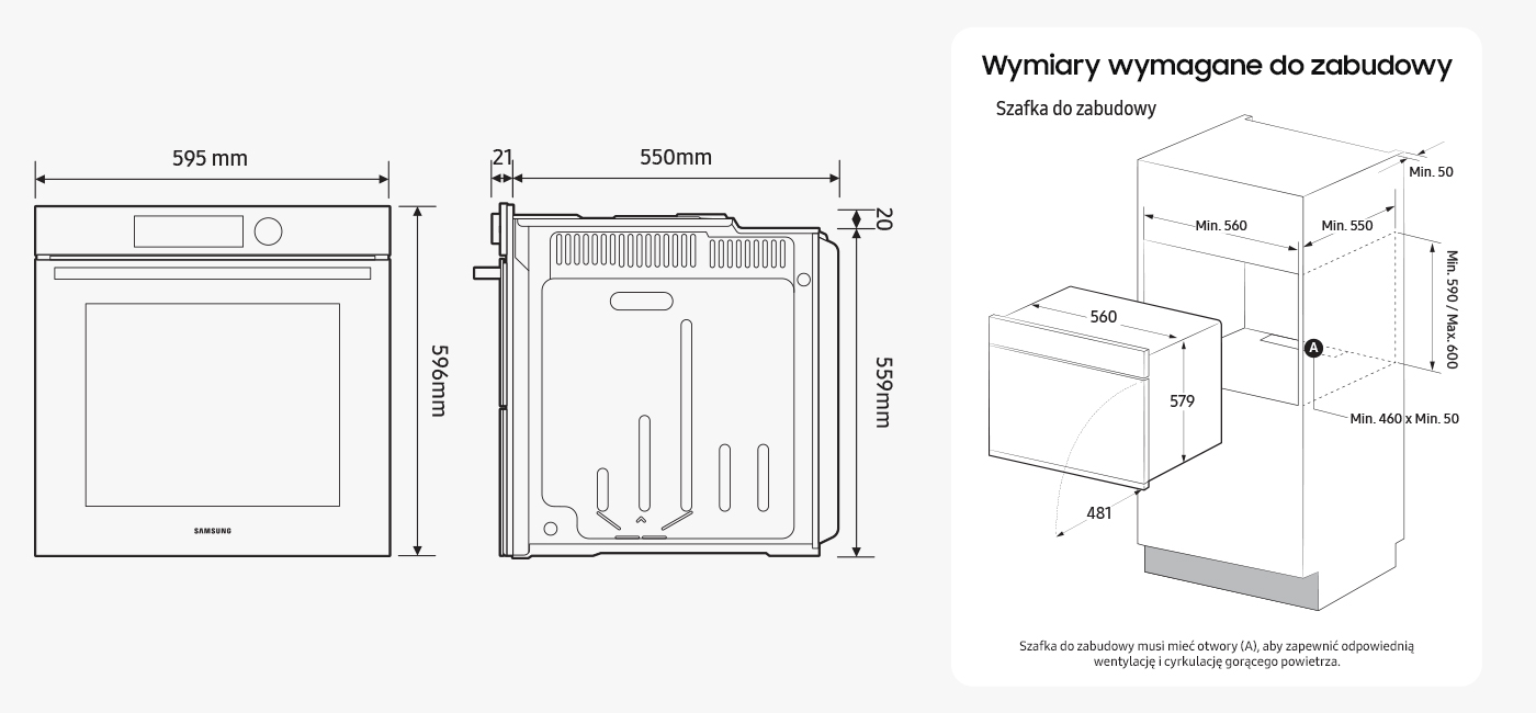 Rysunek techniczny pokazuje szczegółowe wymiary piekarnika Samsung NV7B44205AK dostępnego w sieci sklepów Neonet