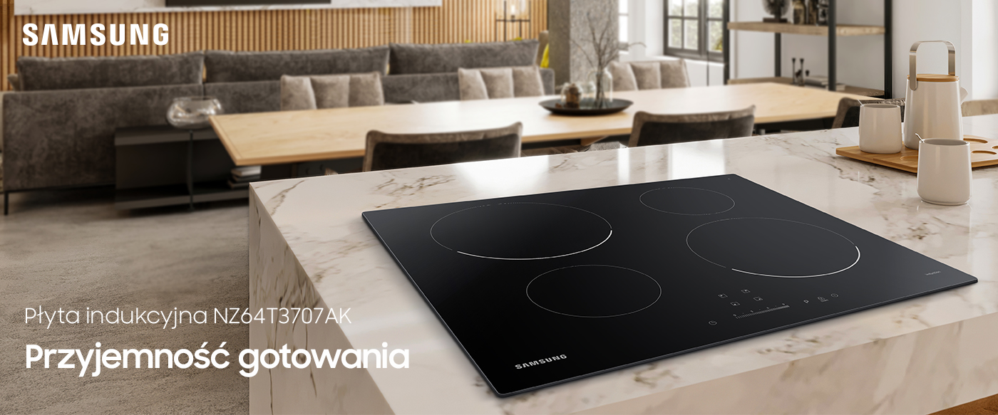 Płyta indukcyjna Samsung NZ64T3707AK na blacie kuchennym. Produkt dostępny w sklepach Neonet.