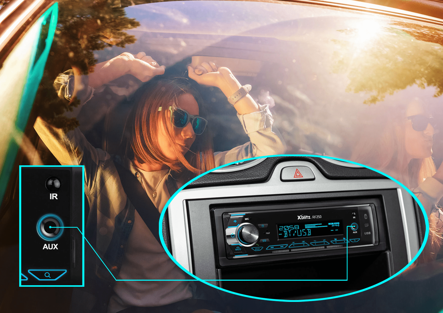Radio Xblitz RF250 i wejście aux oraz kobieta w aucie