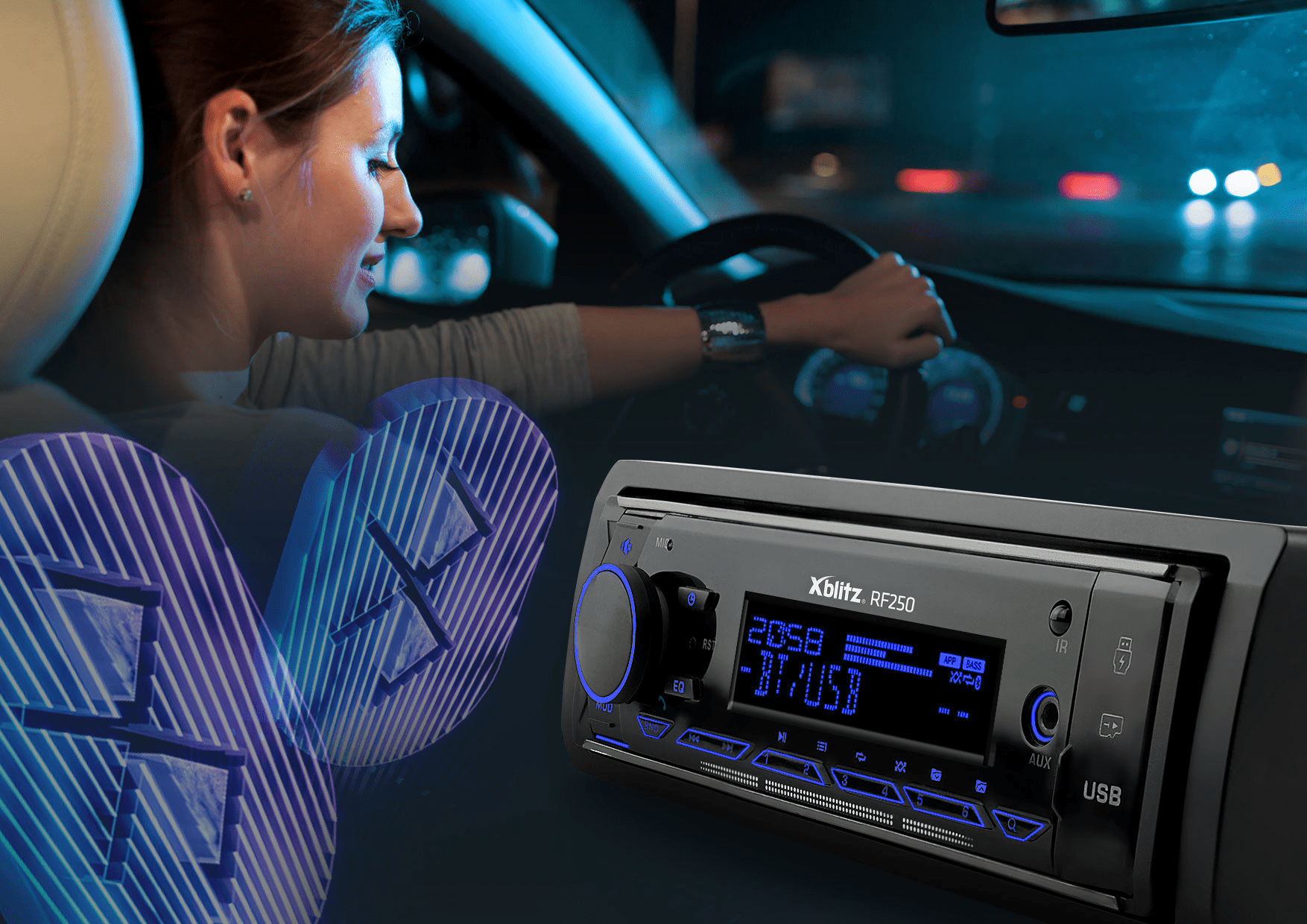 radio RF250 Bluetooth oraz kobieta prowadząca auto