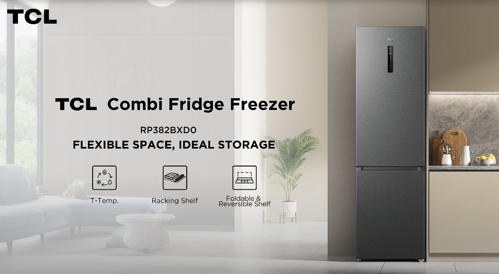 Lodówka TCL Combi Fridge Freezer RP382BXD0 w kuchni; ikony i funkcje: T-Temp, Racking Shelf, Foldable & Reversible Shelf.