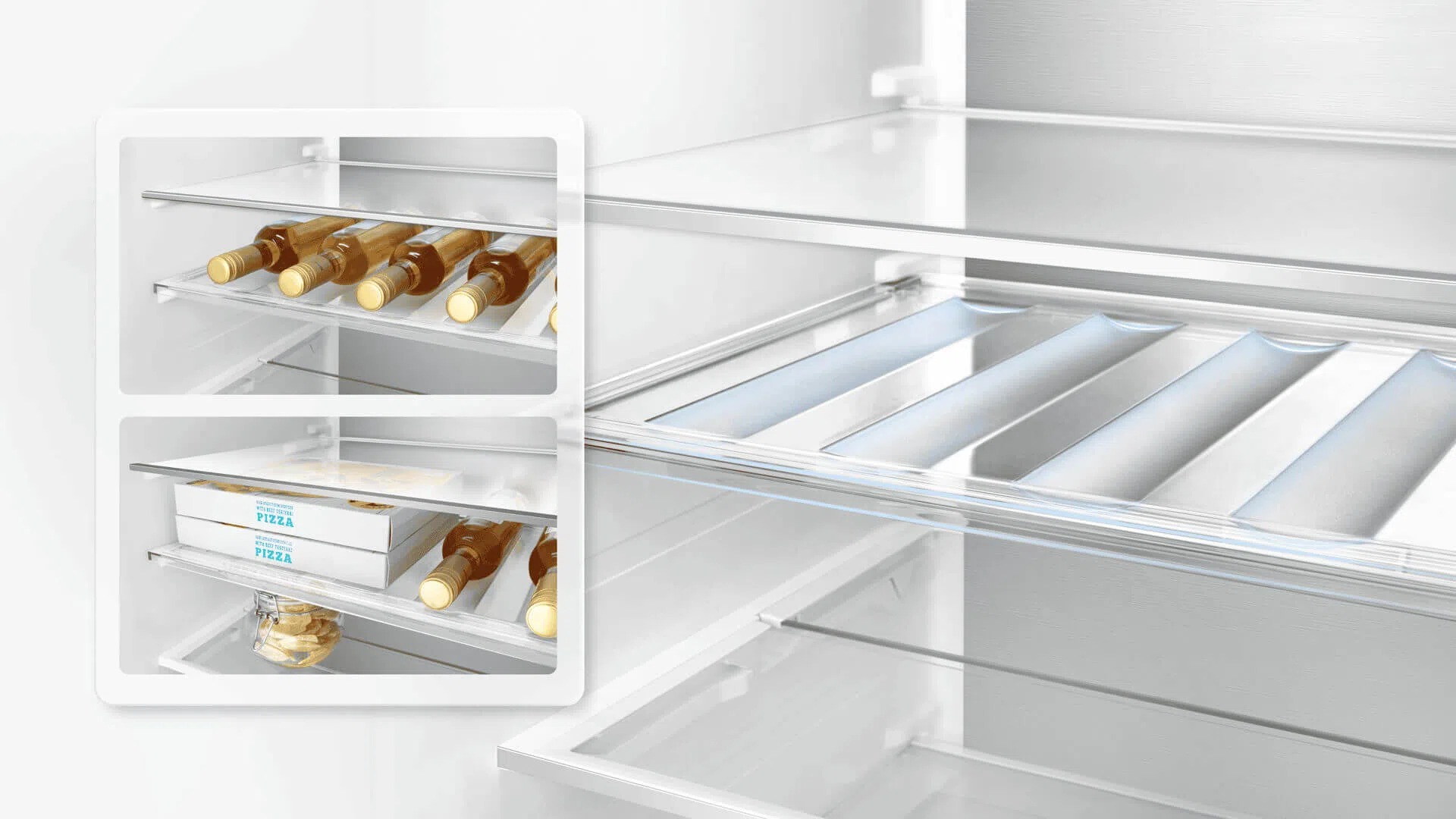 Półka na butelki w lodówce TCL – możliwość przechowywania wina poziomo lub wykorzystania przestrzeni na pizzę.