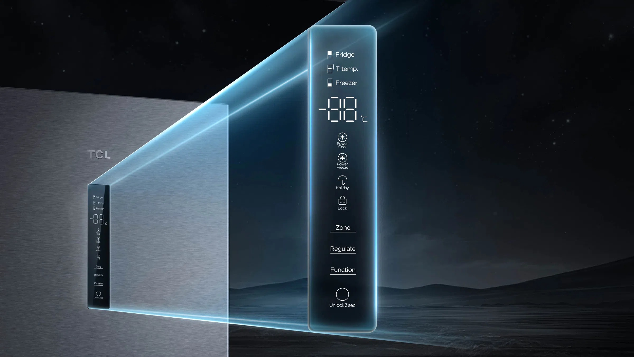 Panel sterowania lodówki TCL z wyświetlaczem dotykowym i ikonami funkcji, takich jak Zone, Regulate i Function.