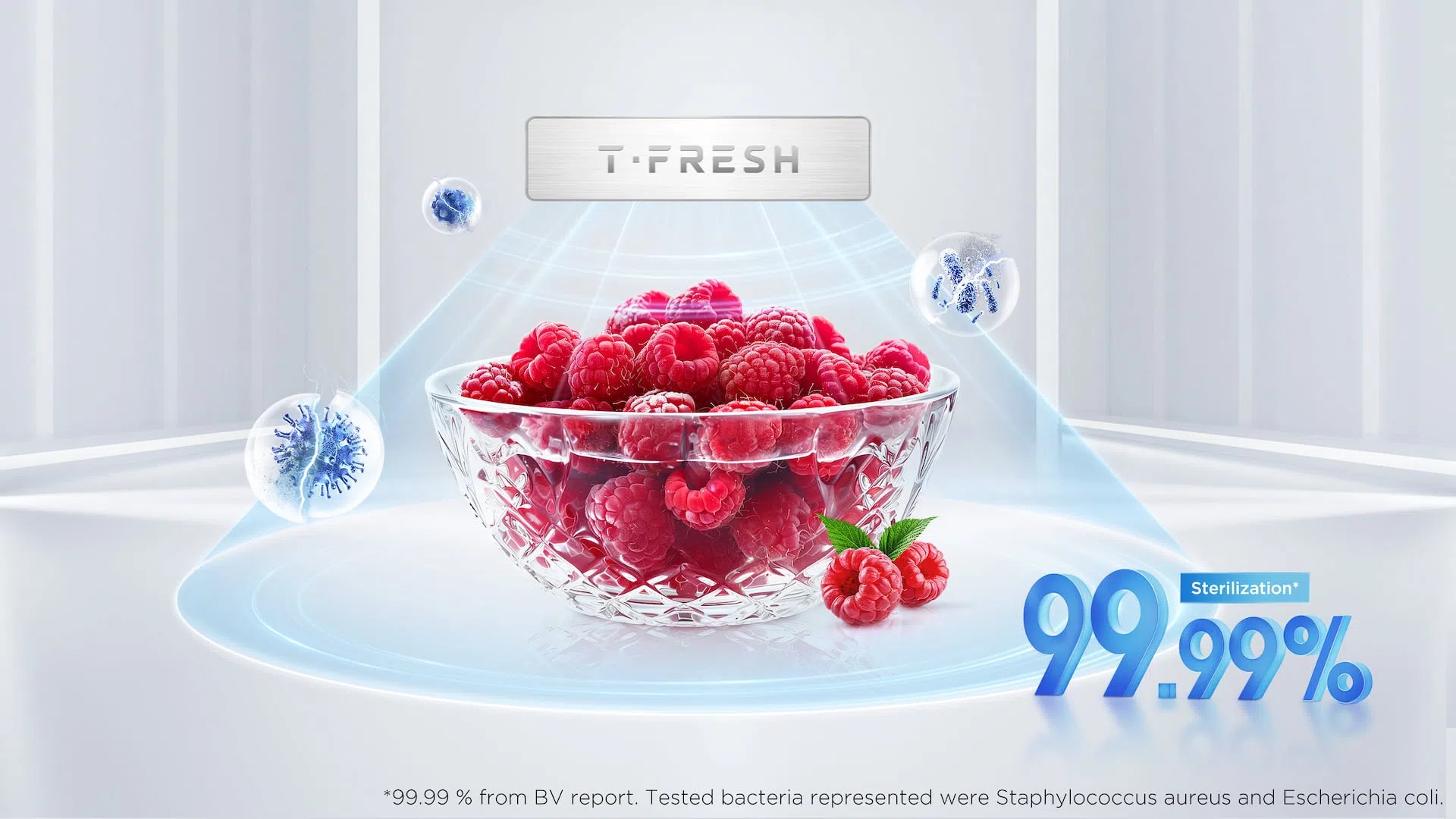 Szklana miska z malinami, wizualizacja działania systemu T-Fresh lodówki TCL eliminującego bakterie.