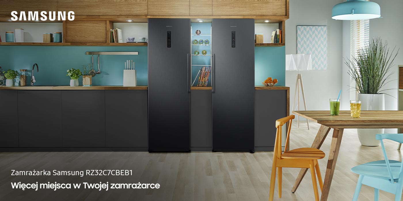 Jednodrzwiowa zamrażarka RZ32C7CBEB1 prezentowana w towarzystwie chłodziarki z serii Samsung TWIN jest dostępna w sklepach Neonet