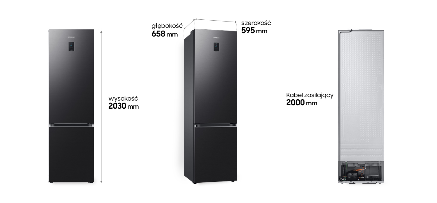 Wymiary lodówki Samsung Grand+ RB38C675EB1 przedstawione na zdjęciach