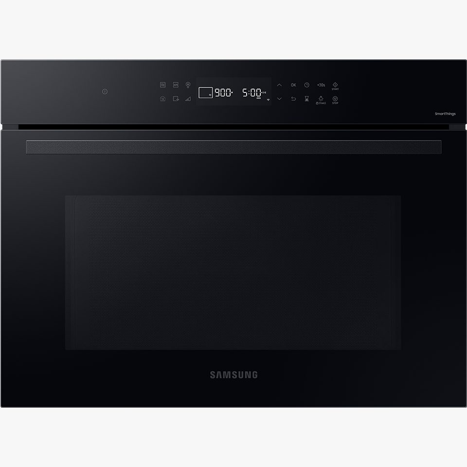 Front kuchenki mikrofalowej do zabudowy Samsung NQ5B4313GBK ma kolor czarnego szkła. Urządzenie kupisz w sklepach Neonet
