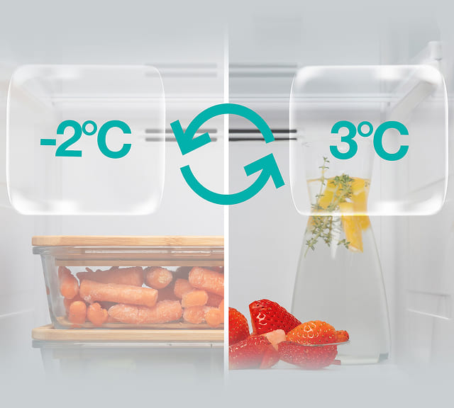 Ikony dwóch temperatur i obracających się między nimi strzałek, a w tle wnętrze lodówki.