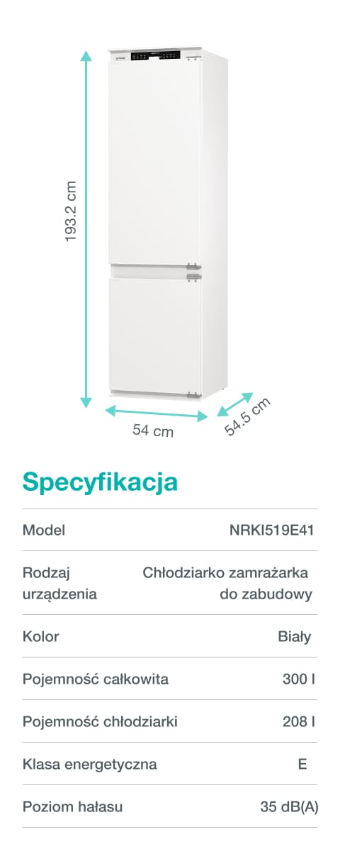 Biała chłodziarko-zamrażarka do zabudowy bez frontów z rozpisanymi wymiarami: 193,2 cm wysokości, 54 cm szerokości, 54,5 cm głębokości.