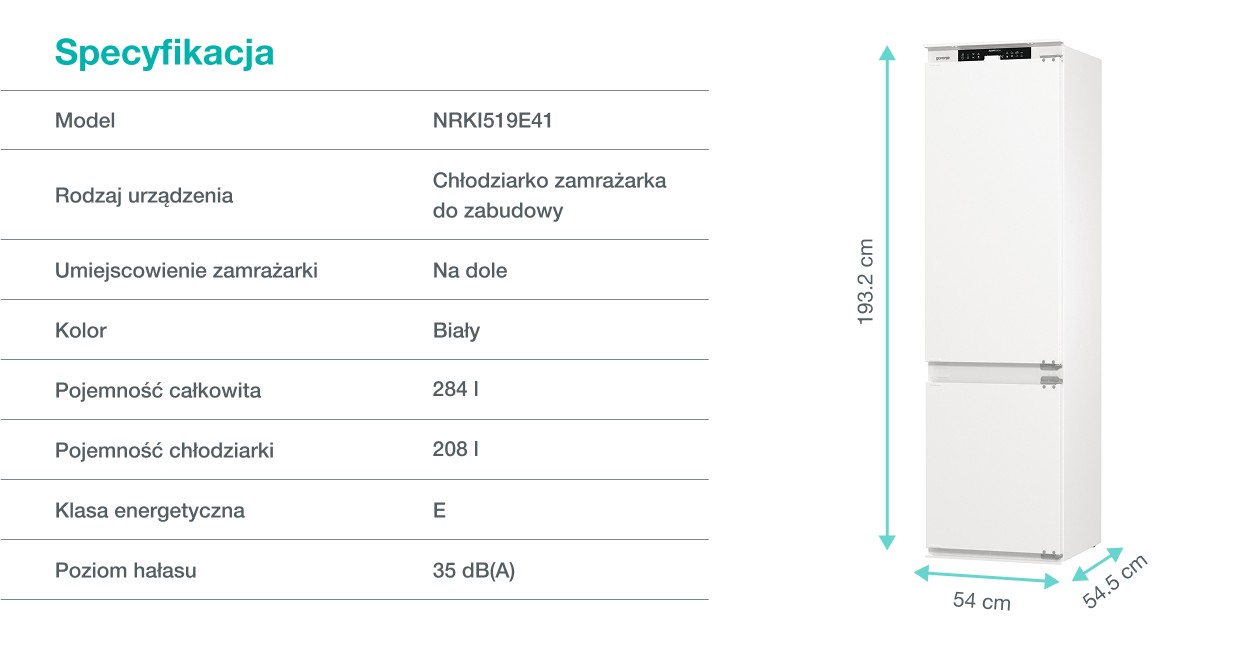Biała chłodziarko-zamrażarka do zabudowy bez frontów z rozpisanymi wymiarami: 193,2 cm wysokości, 54 cm szerokości, 54,5 cm głębokości.
