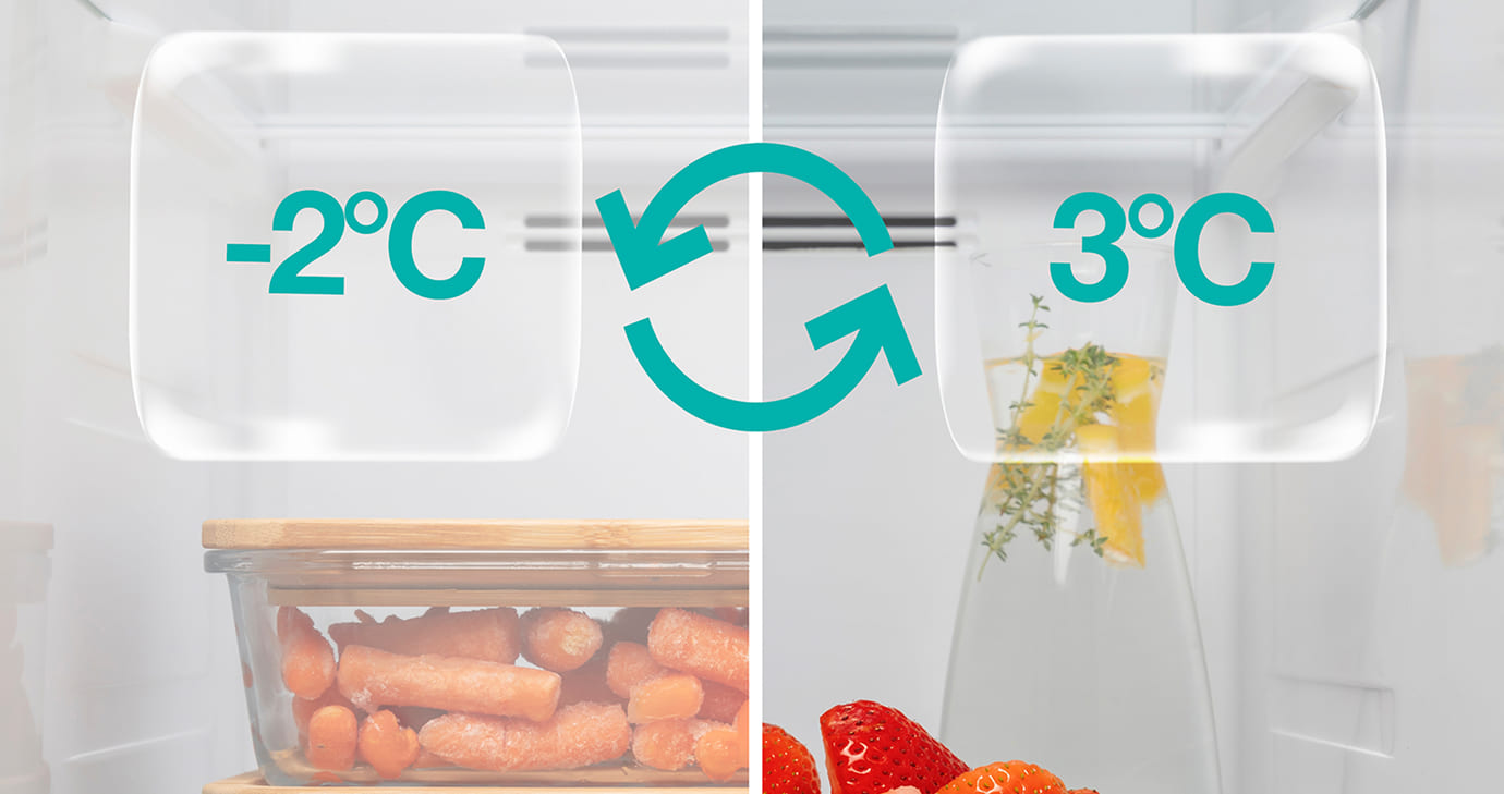 Ikony dwóch temperatur i obracających się między nimi strzałek, a w tle wnętrze lodówki.
