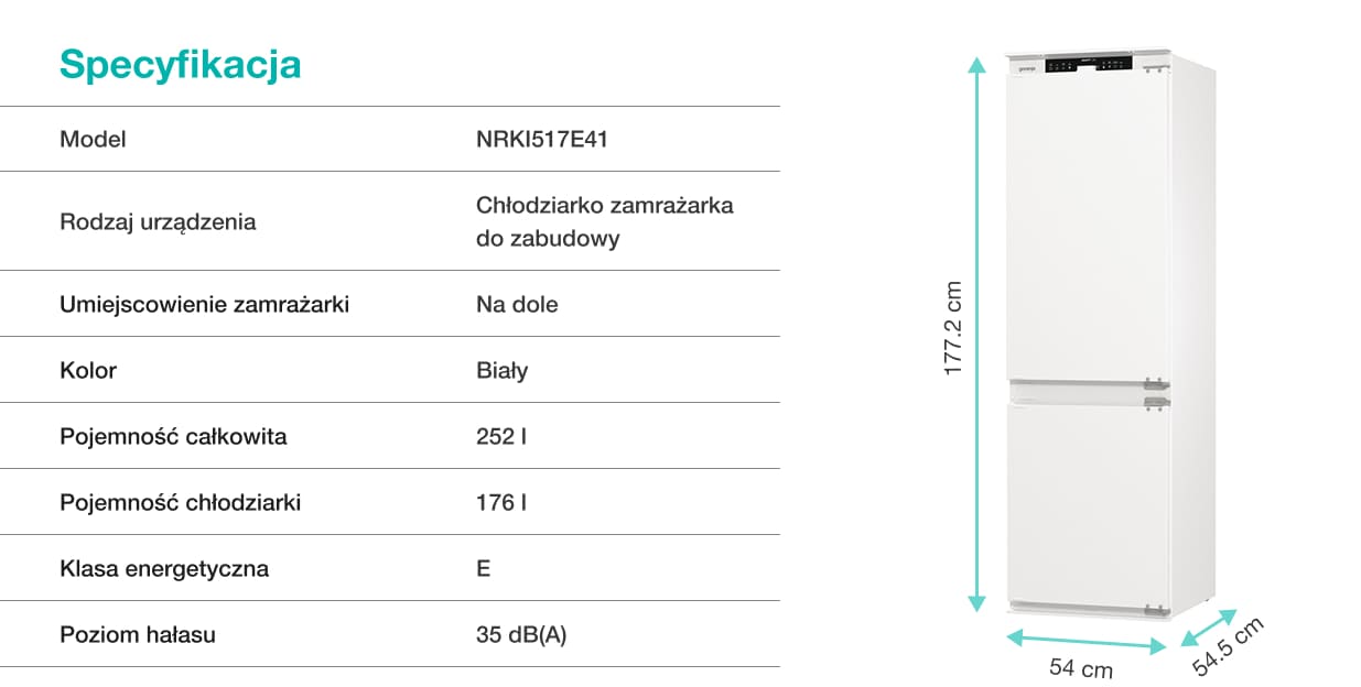 Biała chłodziarko-zamrażarka do zabudowy bez frontów z rozpisanymi wymiarami: 177,2 cm wysokości, 54 cm szerokości, 54,5 cm głębokości.