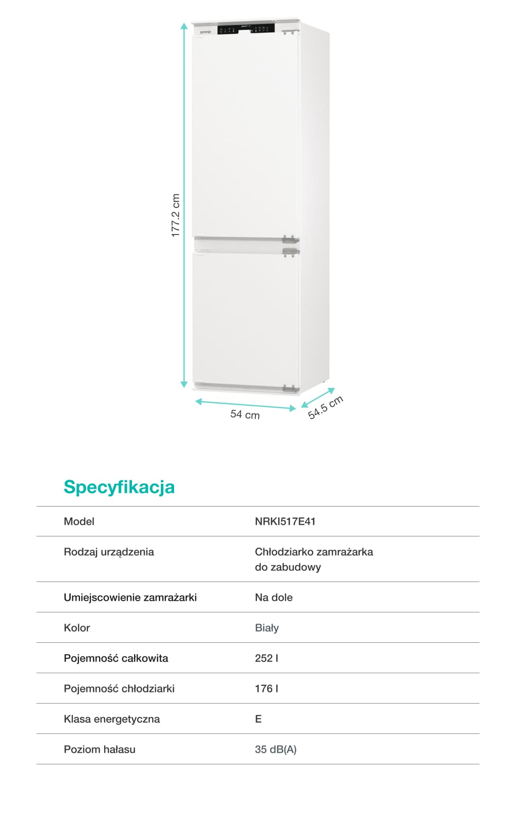 Biała chłodziarko-zamrażarka do zabudowy bez frontów z rozpisanymi wymiarami: 177,2 cm wysokości, 54 cm szerokości, 54,5 cm głębokości.