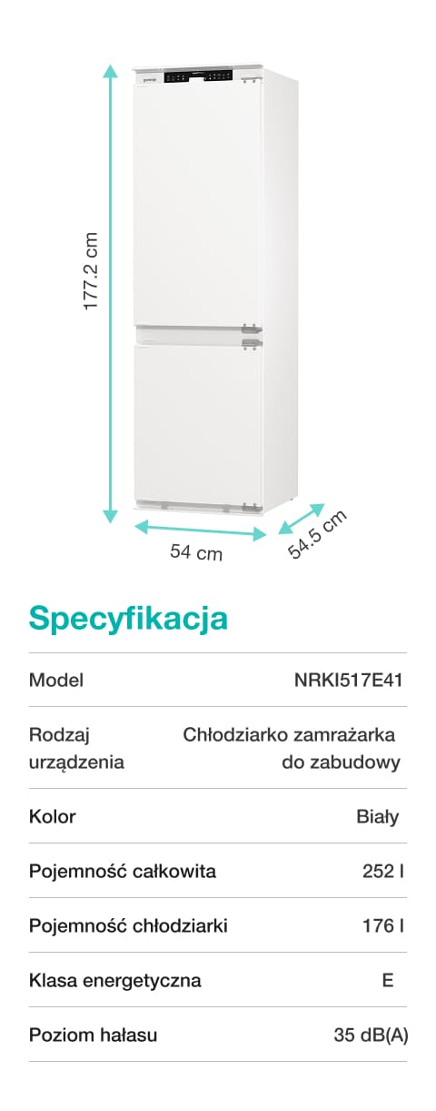 Biała chłodziarko-zamrażarka do zabudowy bez frontów z rozpisanymi wymiarami: 177,2 cm wysokości, 54 cm szerokości, 54,5 cm głębokości.