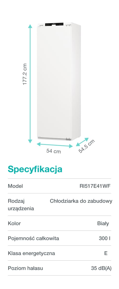 Biała chłodziarka do zabudowy bez frontów z rozpisanymi wymiarami: 177,2 cm wysokości, 54 cm szerokości, 54,5 cm głębokości.