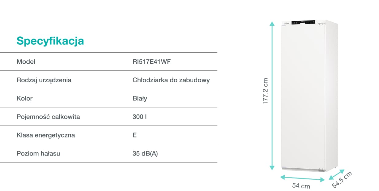 Biała chłodziarka do zabudowy bez frontów z rozpisanymi wymiarami: 177,2 cm wysokości, 54 cm szerokości, 54,5 cm głębokości.