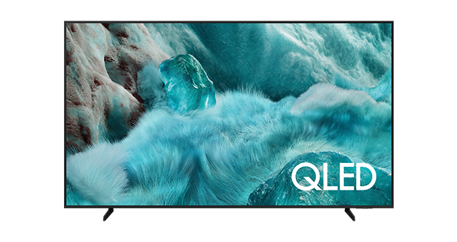 Telewizor Samsung QLED Q7F2 z niebieską grafiką ukazującą elementy natury na ekranie.