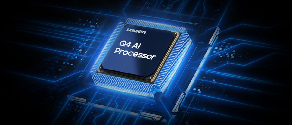 Grafika pokazująca procesor AI Q4 w telewizorze Samsung QLED Q7F2, na ciemnym tle, z podświetlonym na niebiesko układem scalonym.