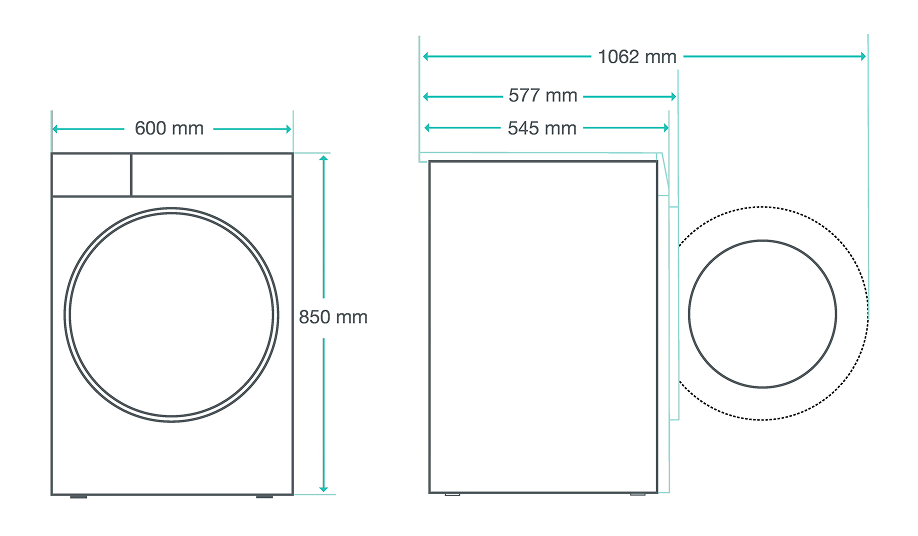 Ilustracja z wymiarami pralki: szerokość 600 mm, wysokość 850 mm, głębokość 545/577 mm lub 1062 mm przy otwartych drzwiach