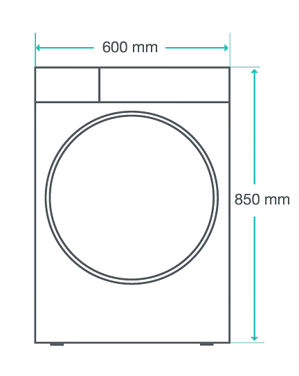 Ilustracja z wymiarami pralki: szerokość 600 mm, wysokość 850 mm