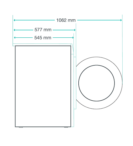 Ilustracja z wymiarami pralki: głębokość 545/577 mm lub 1062 mm przy otwartych drzwiach