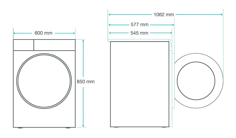 Ilustracja z wymiarami pralki: szerokość 600 mm, wysokość 850 mm, głębokość 545/577 mm lub 1062 mm przy otwartych drzwiach