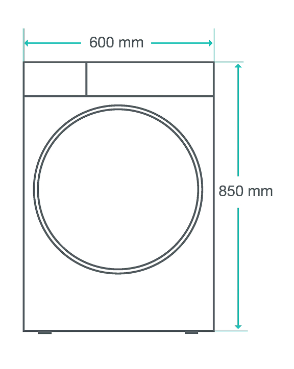 Ilustracja z wymiarami pralki: szerokość 600 mm, wysokość 850 mm