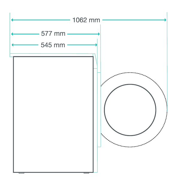 Ilustracja z wymiarami pralki: głębokość 545/577 mm lub 1062 mm przy otwartych drzwiach