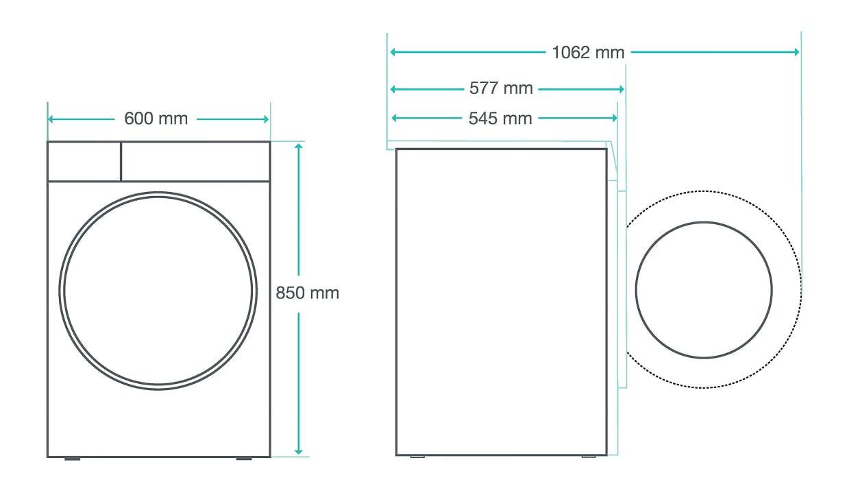 Ilustracja z wymiarami pralki: szerokość 600 mm, wysokość 850 mm, głębokość 545/577 mm lub 1062 mm przy otwartych drzwiach