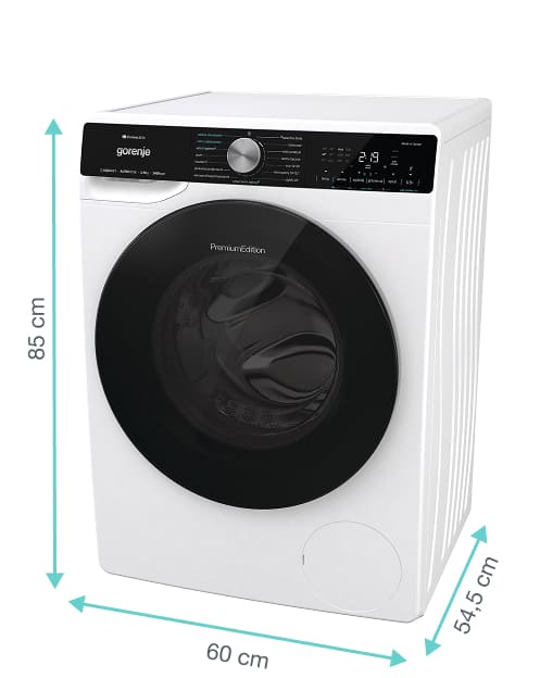 Pralka Gorenje z zaznaczonymi wymiarami: 85 cm wysokość, 60 cm szerokość oraz 54,5 cm głębokość