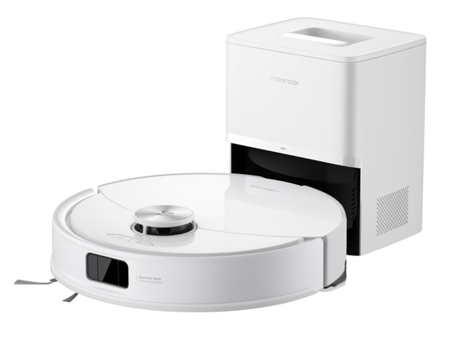 Robot sprzątający Roborock Q10 VF+ White na białym tle ze stacją ładującą