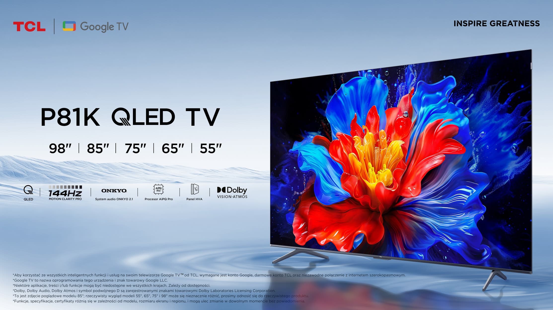 Telewizor TCL P81K QLED TV z kolorowym ekranem kwiatów, dostępny w rozmiarach od 55 do 98 cali z technologią Google TV.