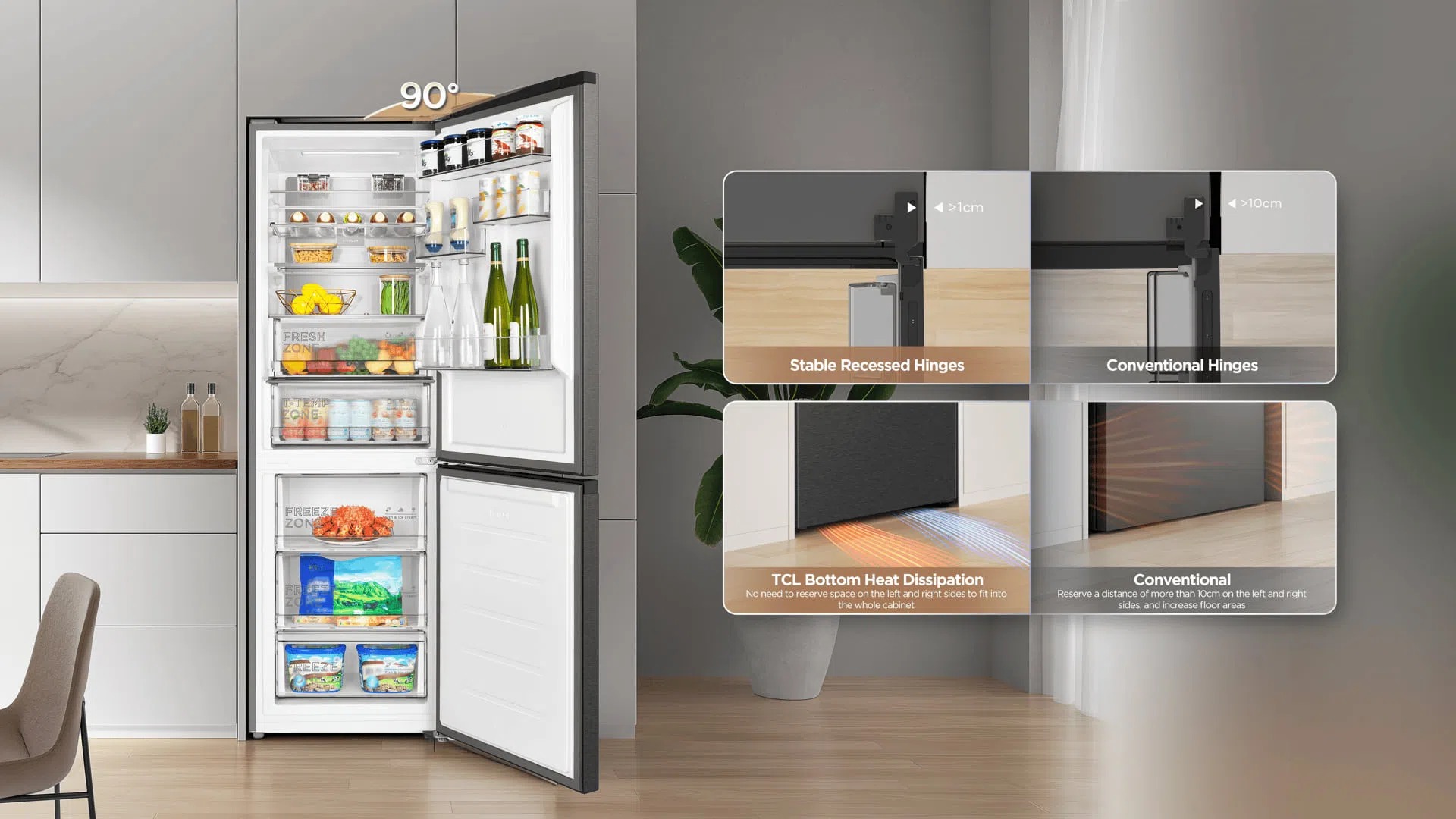 Lodówka TCL otwarta pod kątem 90°, porównanie zawiasów i odprowadzania ciepła z innymi modelami.