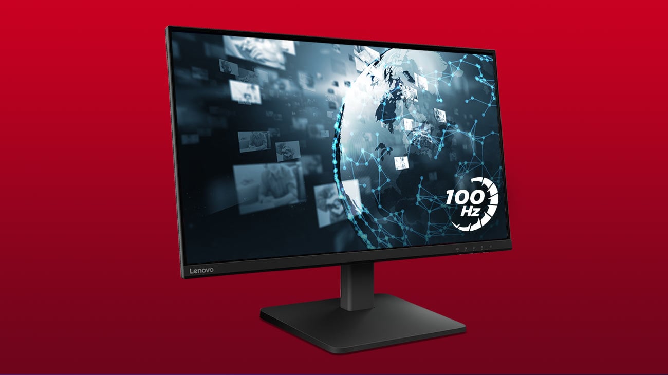 Monitor Lenovo L27qe o częstotliwości odświeżania 100Hz  z tapetą na ekranie w odcieniach czerni i bieli
