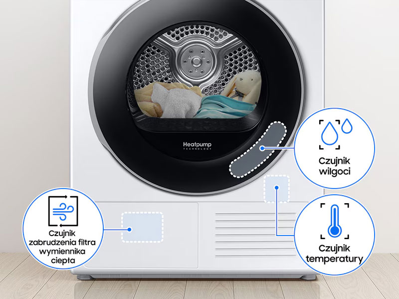 Trzy czujniki suszarki Samsung: wilgoci, temperatury oraz zabrudzenia filtra wymiennika ciepła.